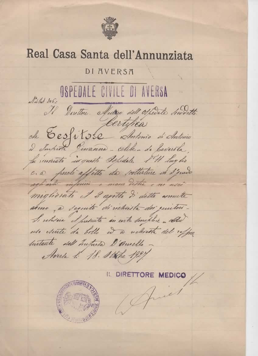 REAL CASA SANTA DELL'ANNUNZIATA AVERSA OSPEDALE 1927 CERTIFICATO MEDICO