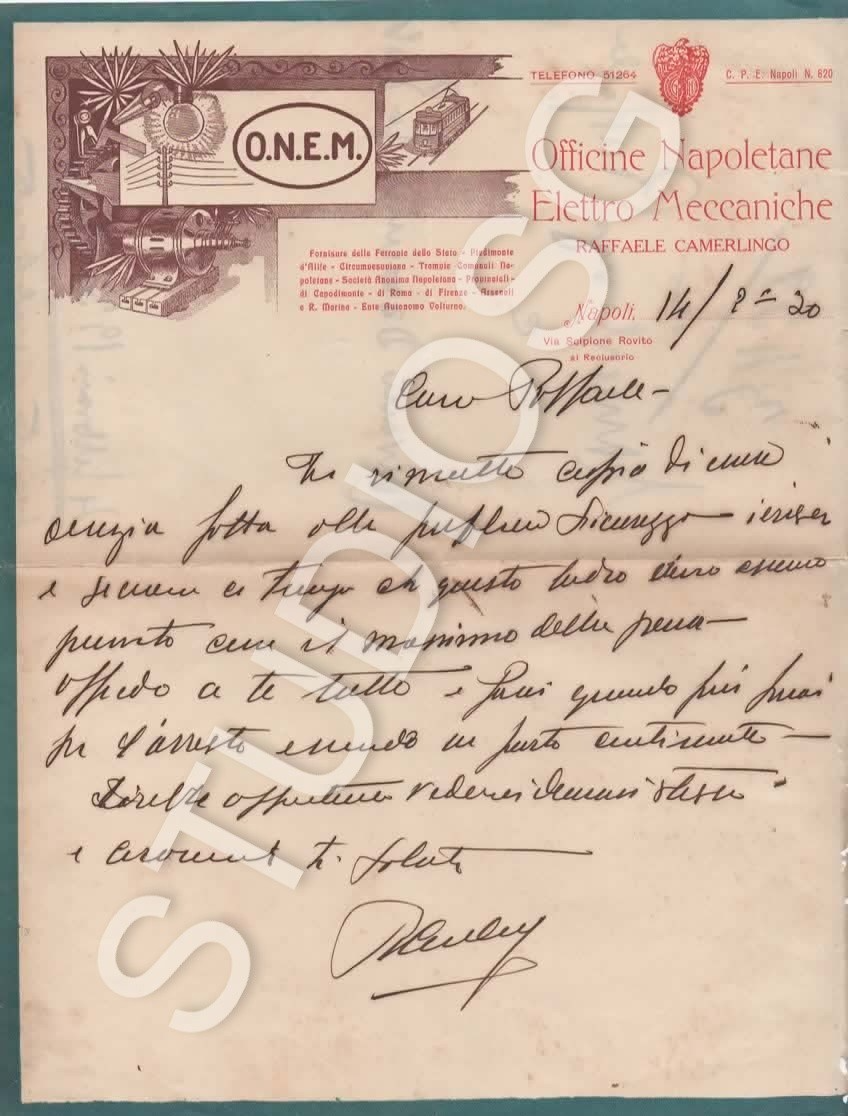 1920 NAPOLI LETTERA CARTA INTESTATA OFFICINE NAPOLETANE ELETTRO MECCANICHE