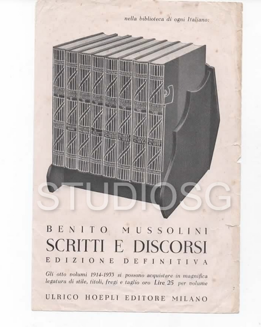 VOLANTINO PUBBLICITARIO HOEPLI BENITO MUSSOLINI SCRITTI E DISCORSI 1933