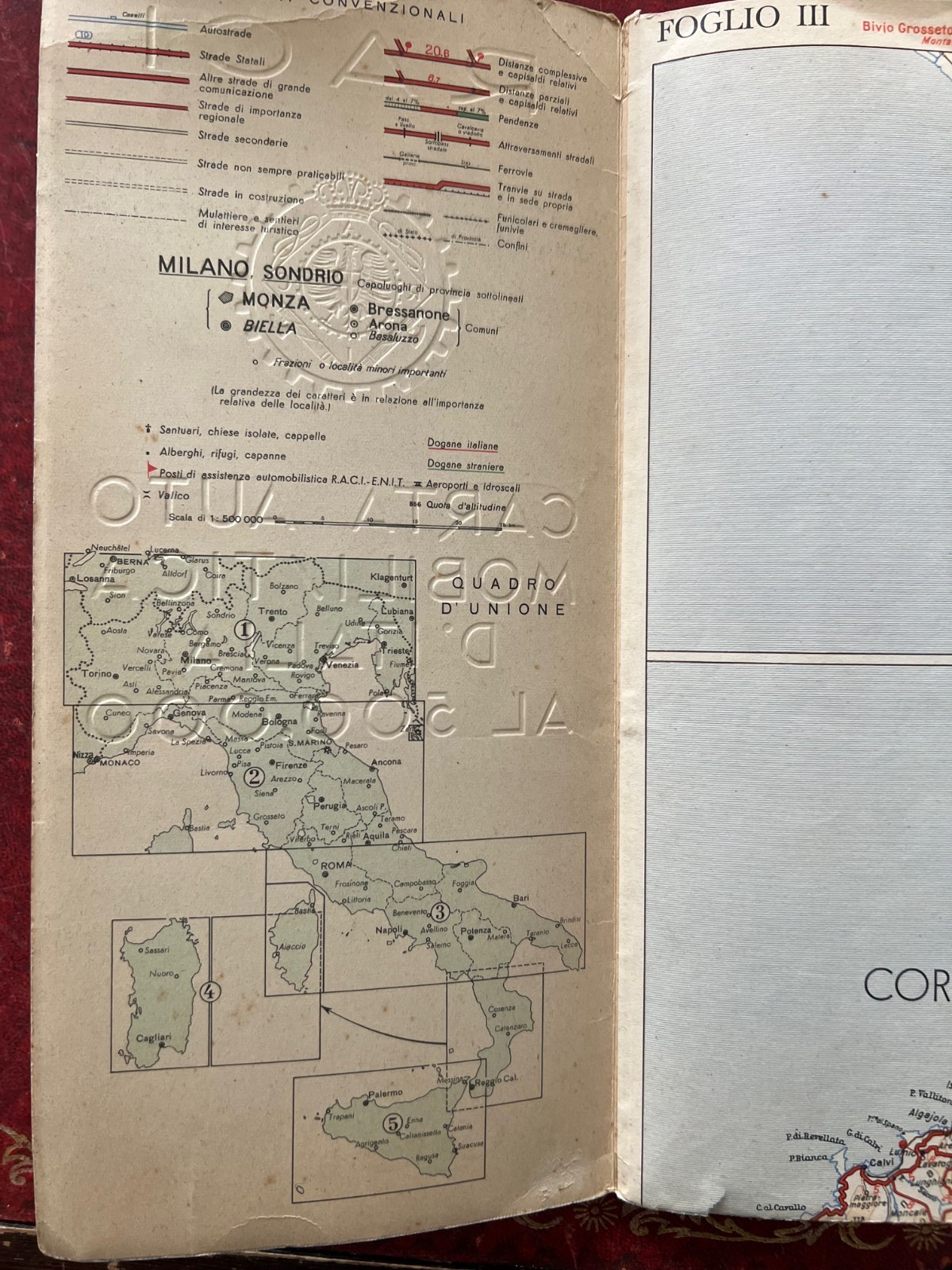 RACI CARTA AUTOMOBILISTICA D'ITALIA FOGLIO 3 CENTRO SUD - 1939 DE AGOSTINI