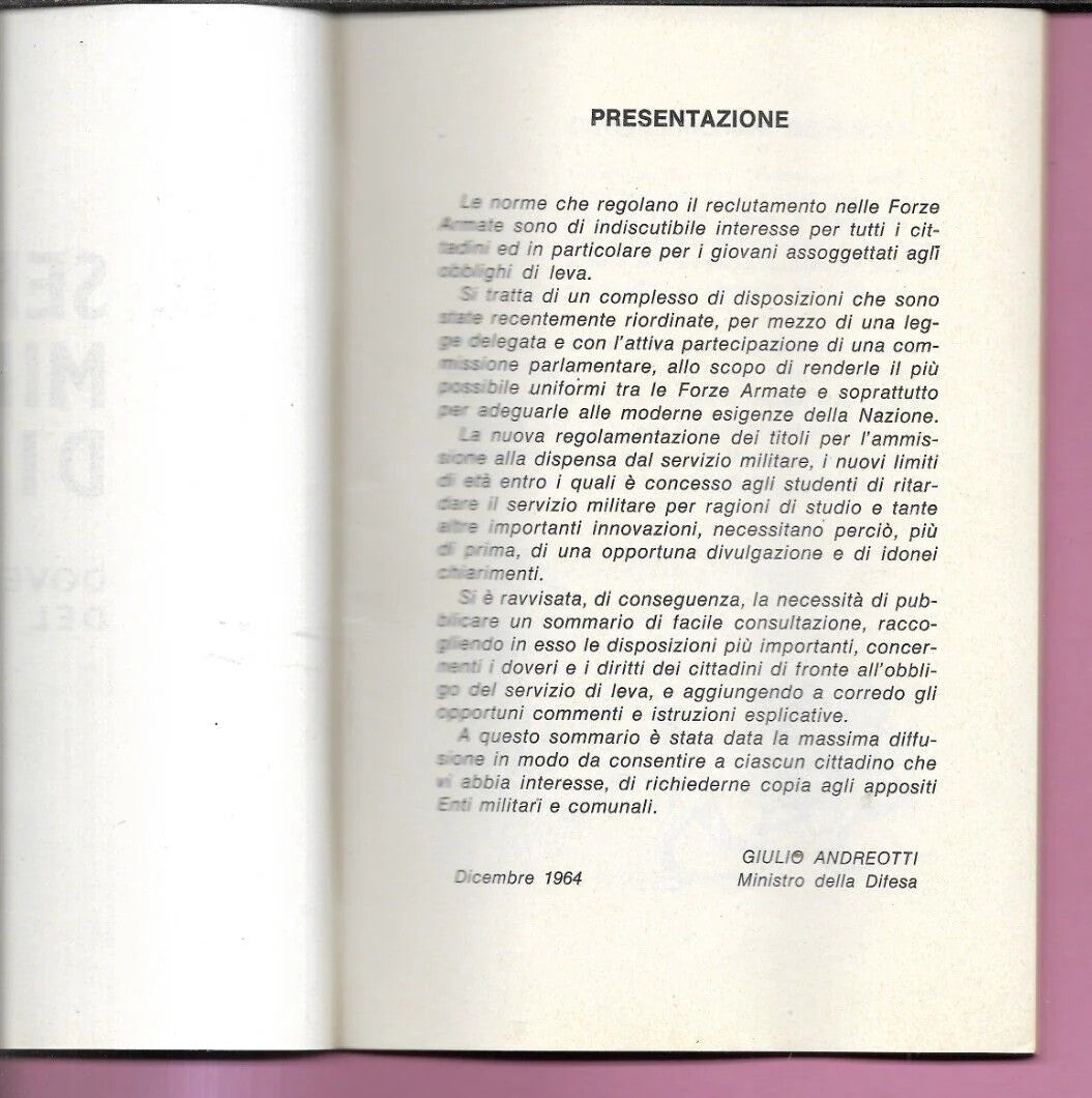 IL SERVIZIO MILITARE DI LEVA , DOVERI E DIRITTI DEL CITTADINO 1964 MINISTERO DIF