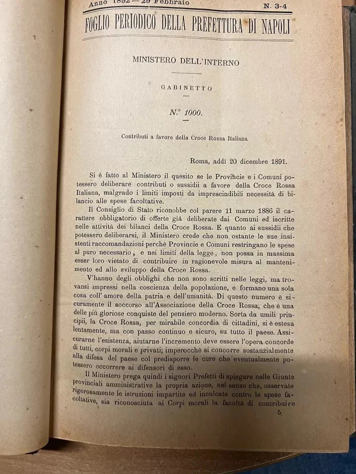 FOGLIO PERIODICO DELLA PREFETTURA DI NAPOLI ANNO 1892 ANNATA COMPLETA