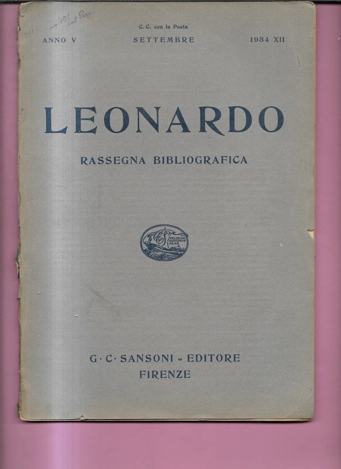 RIVISTA LEONARDO RASSEGNA BIBLIOGRAFICA ANNO V N. 9 1934 SANSONI EDITORE