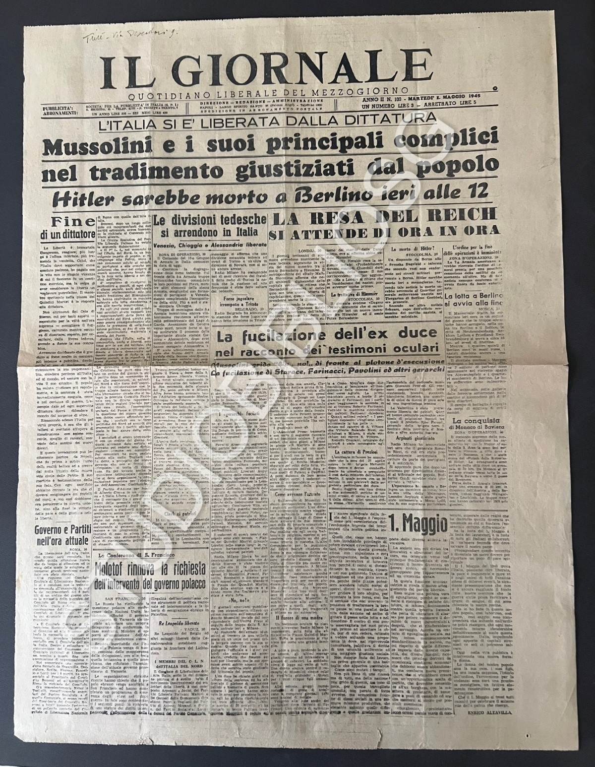 IL GIORNALE 1 MAGGIO 1945 MORTE MUSSOLINI, MORTE HITLER, FUCILAZIONE STARACE