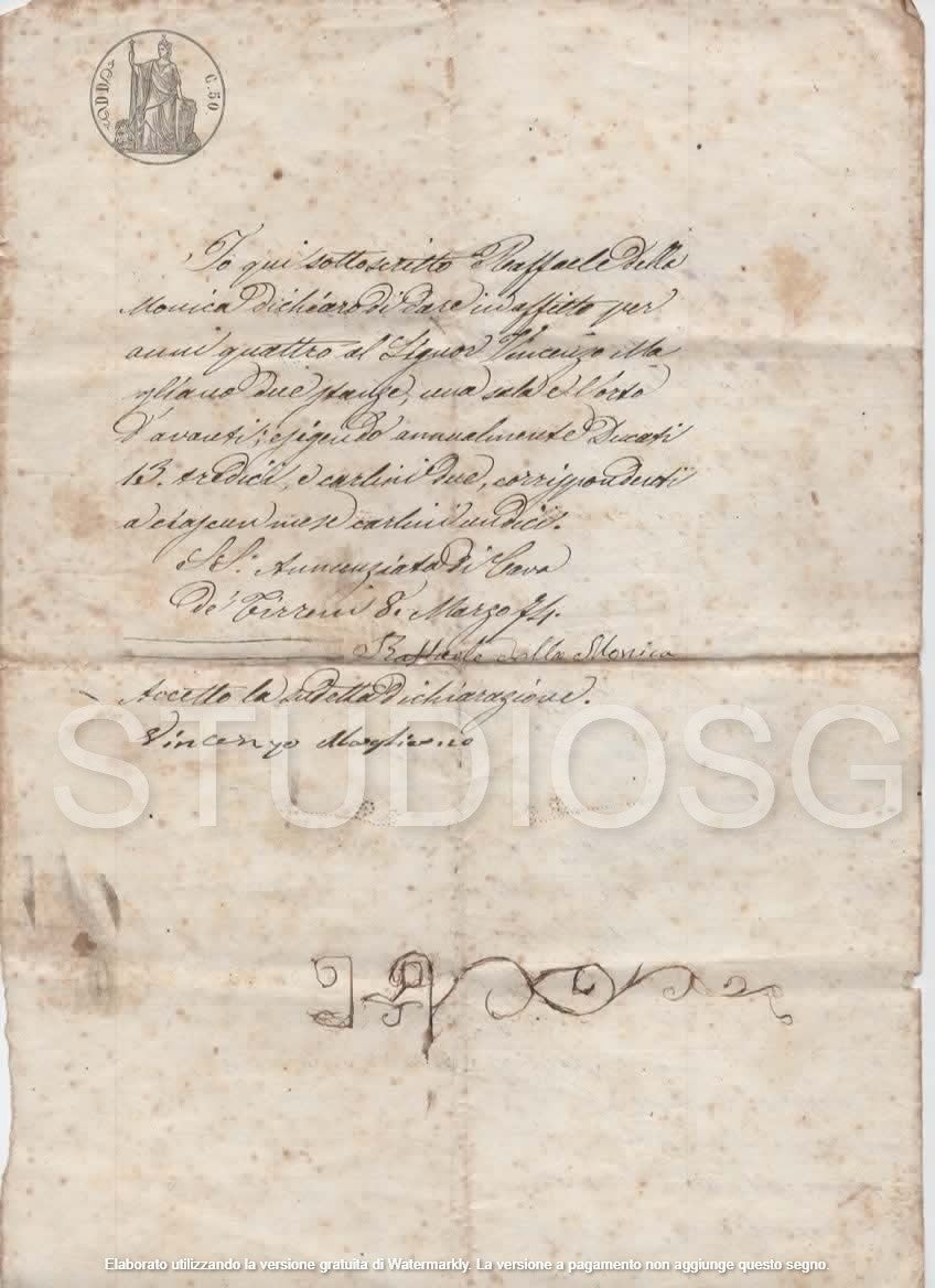 CAVA DE' TIRRENI 1874 MANOSCRITTO CONTRATTO DI AFFITTO R. DELLA MONICA + ROMANZA