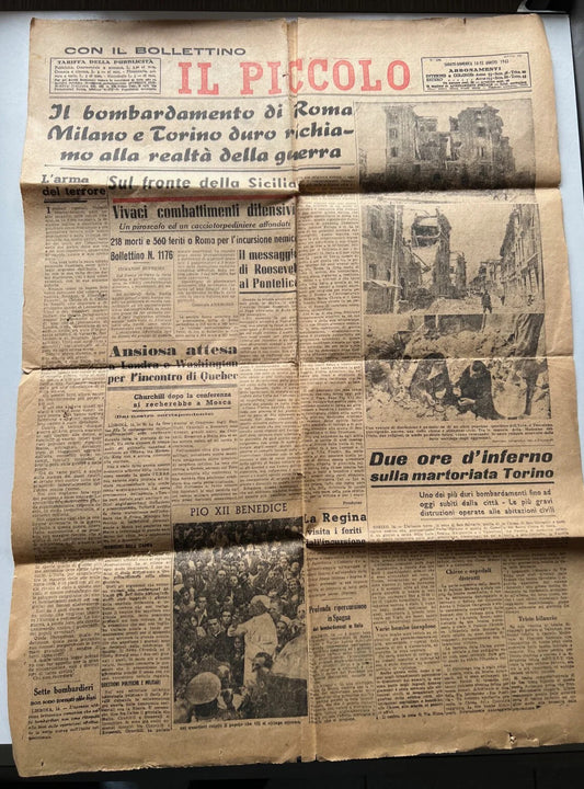 1943 QUOTIDIANO IL PICCOLO BOMBARDAMENTO ROMA , MILANO E TORINO WWII