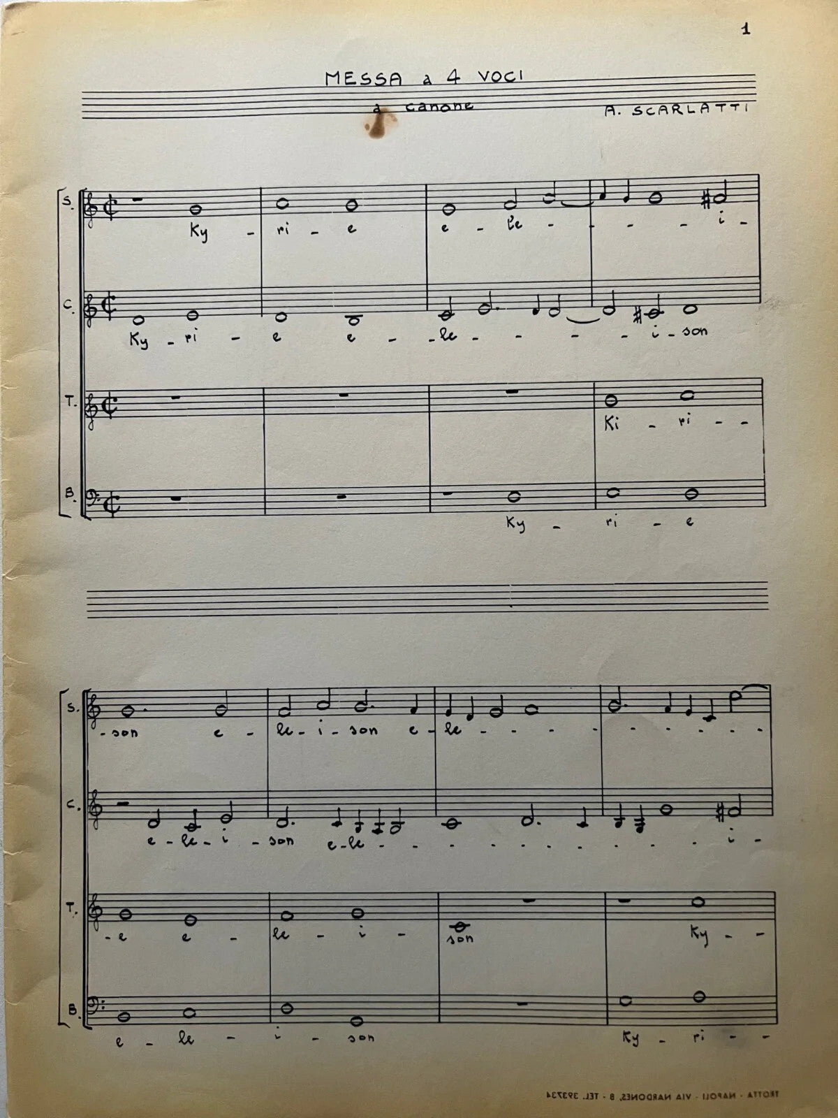 SPARTITO MANOSCRITTO ALESSANDRO SCARLATTI MESSA A 4 VOCI , MUSICA E TESTO