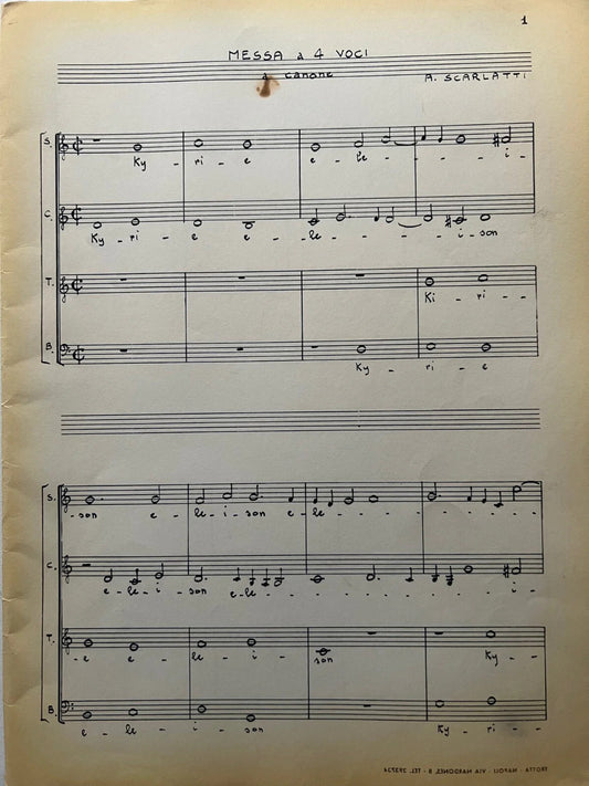 SPARTITO MANOSCRITTO ALESSANDRO SCARLATTI MESSA A 4 VOCI , MUSICA E TESTO
