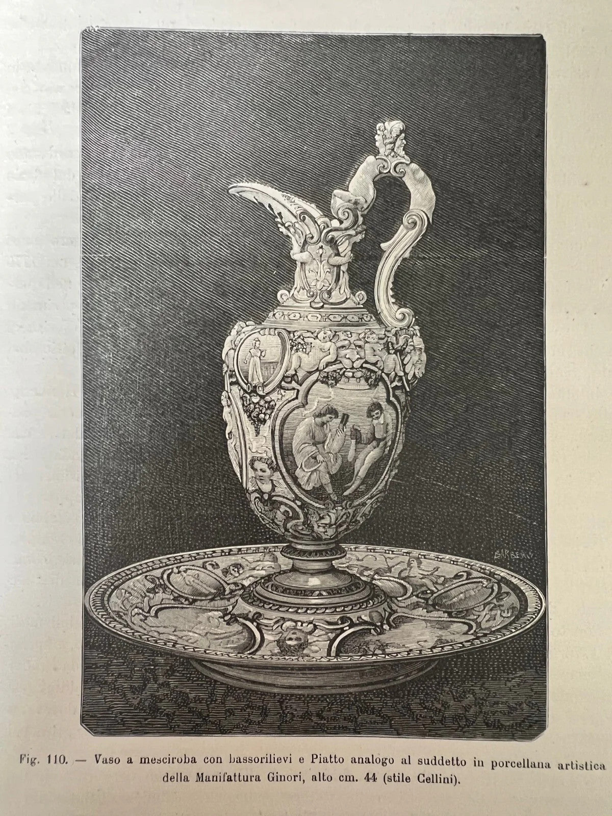 STAMPA 1886 MANIFATTURA GINORI VASO A MESCIROBA CON BASSORILIEVI E PIATTO