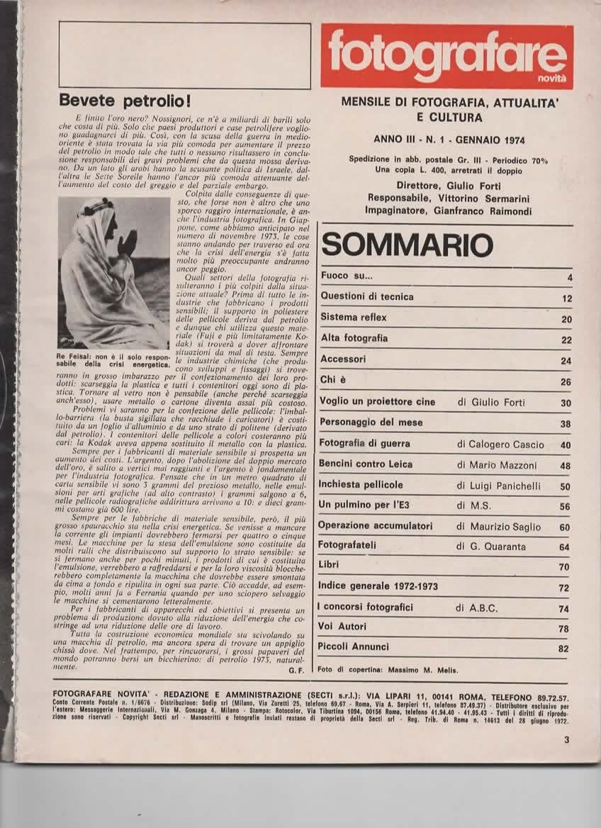 RIVISTA FOTOGRAFARE ANNO III N 1 GENNAIO 1974 - CINE PROIETTORI