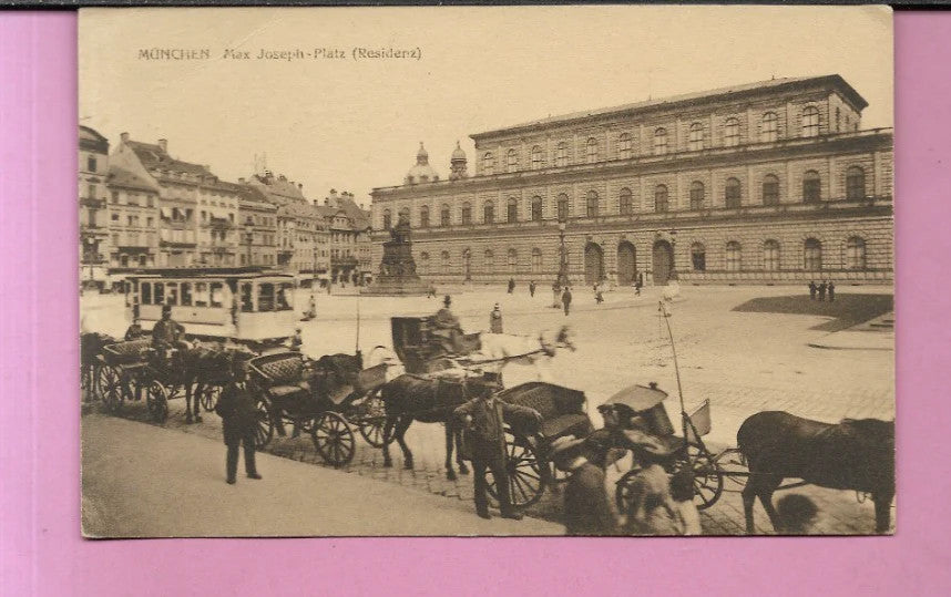 1914 CARTOLINA POSTCARD MUNCHEN MAX JOSEPH PLATZ ANIMATA CARROZZE TRAM