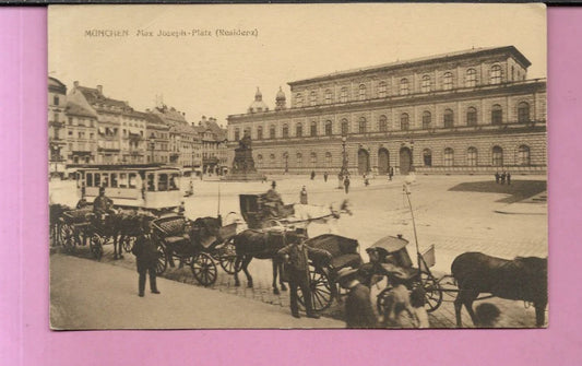 1914 CARTOLINA POSTCARD MUNCHEN MAX JOSEPH PLATZ ANIMATA CARROZZE TRAM