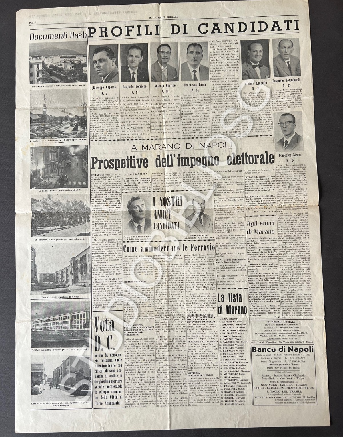 TORRE ANNUNZIATA IL DOMANI SOCIALE 1962 ELEZIONI CANDIDATI DEMOCRAZIA CRISTIANA