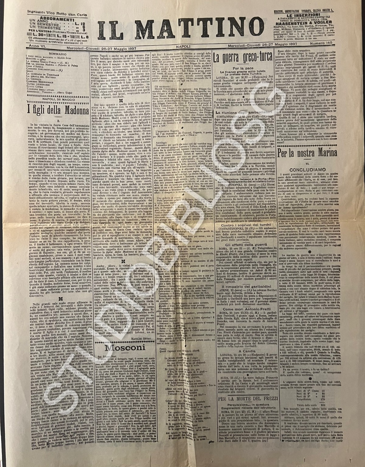 CORRIERE DI NAPOLI - IL MATTINO 1891 - 1901 , 8 PRIME PAGINE MATILDE SERAO GIBUS
