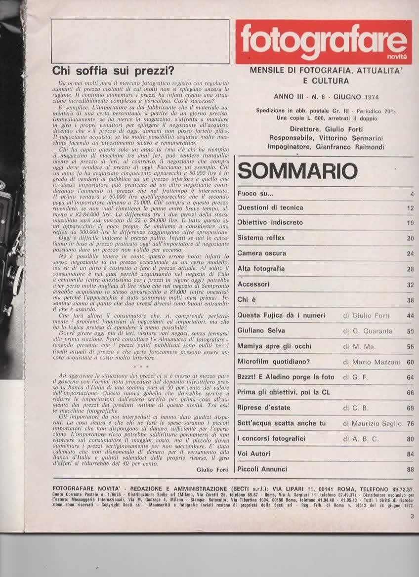 RIVISTA FOTOGRAFARE ANNO III N 6 GIUGNO 1974 - FUJICA EE