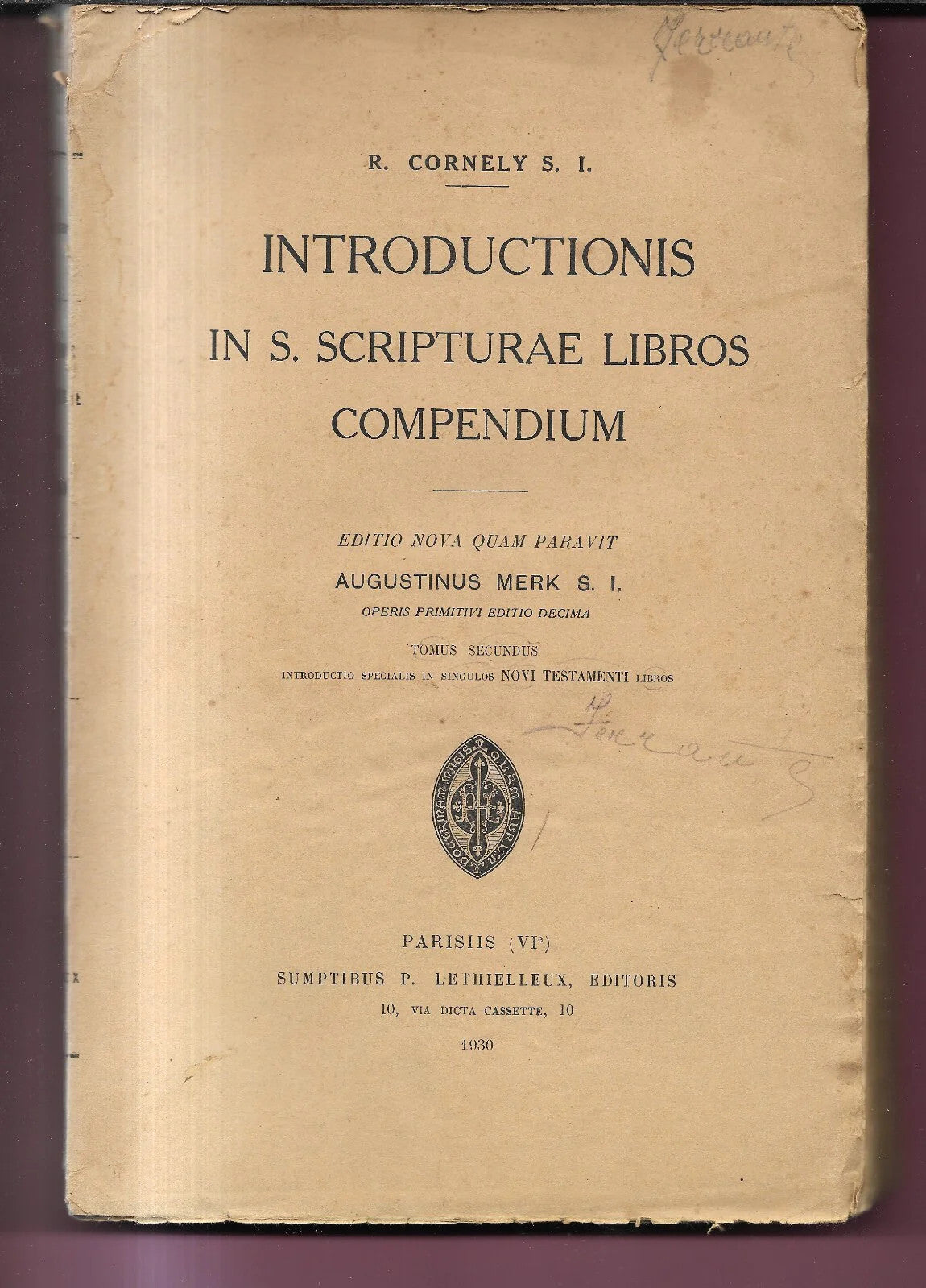 R. CORNELY INTRODUCTIONIS IN S. SCRIPTURAES LIBROS COMPENDIUM 1930 LETHIELLEUX