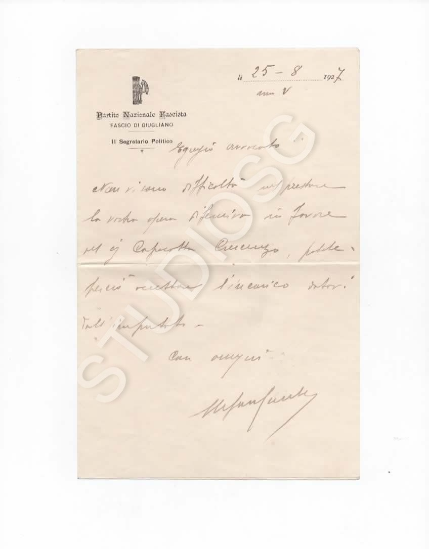 PARTITO NAZIONALE FASCISTA PNF GIUGLIANO IN CAMPANIA LETTERA + BUSTA