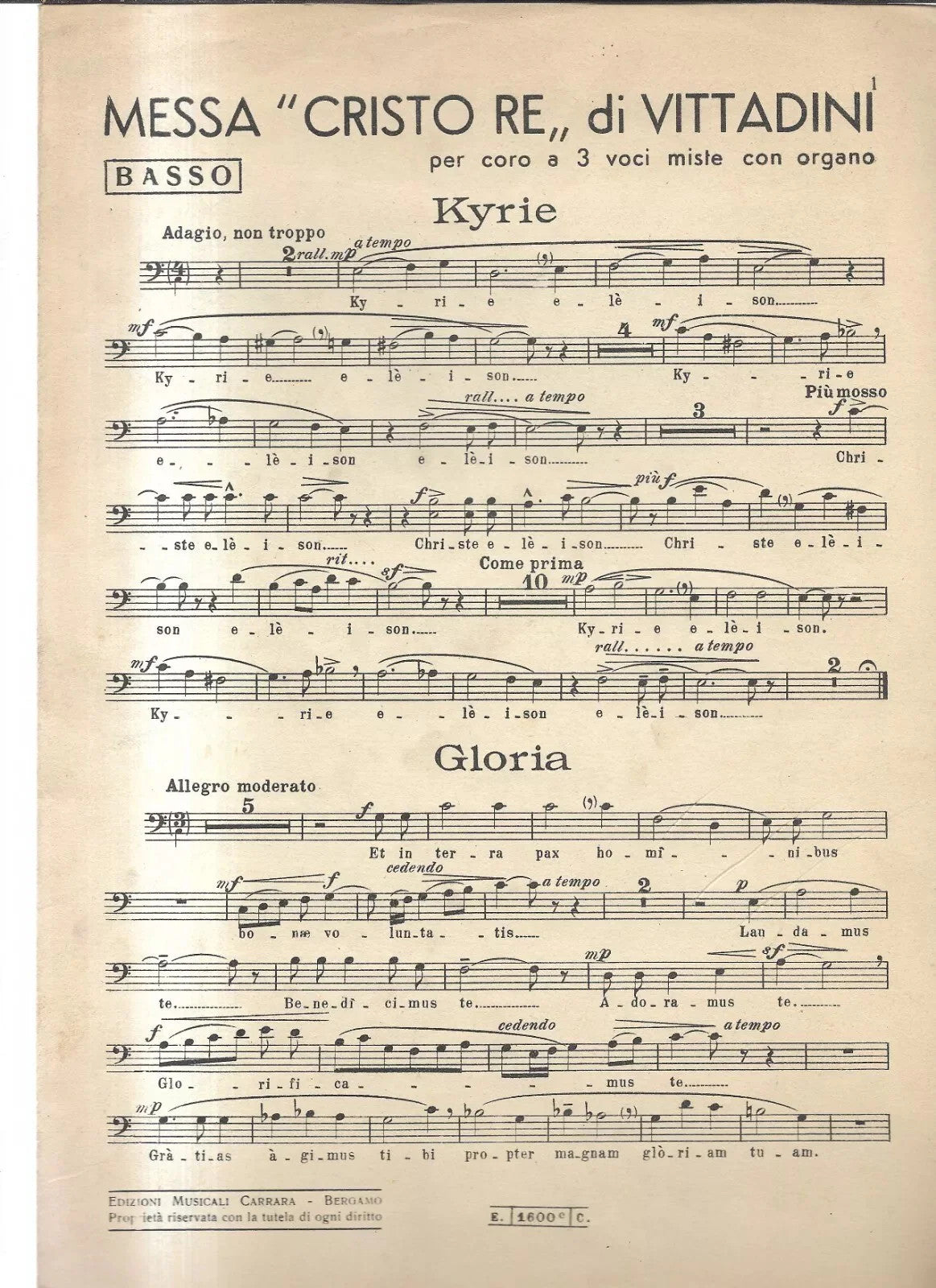 SPARTITO MESSA CRISTO RE DI VITTADINI PER CORO A 3 VOCI MISTE CON ORGANO (BASSO)