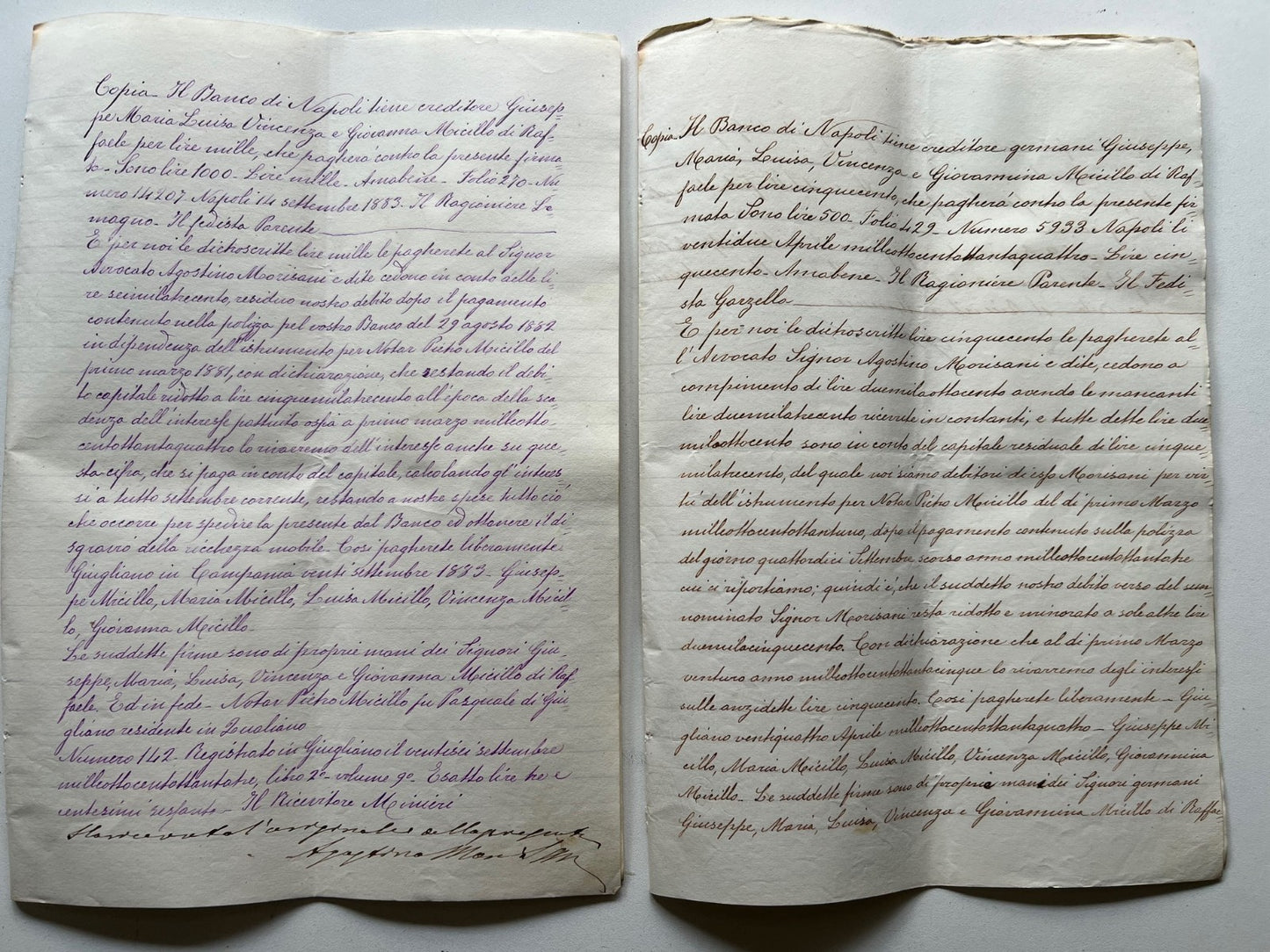 Banco di Napoli Fede di credito 1883 , 2 Manoscritti Giugliano