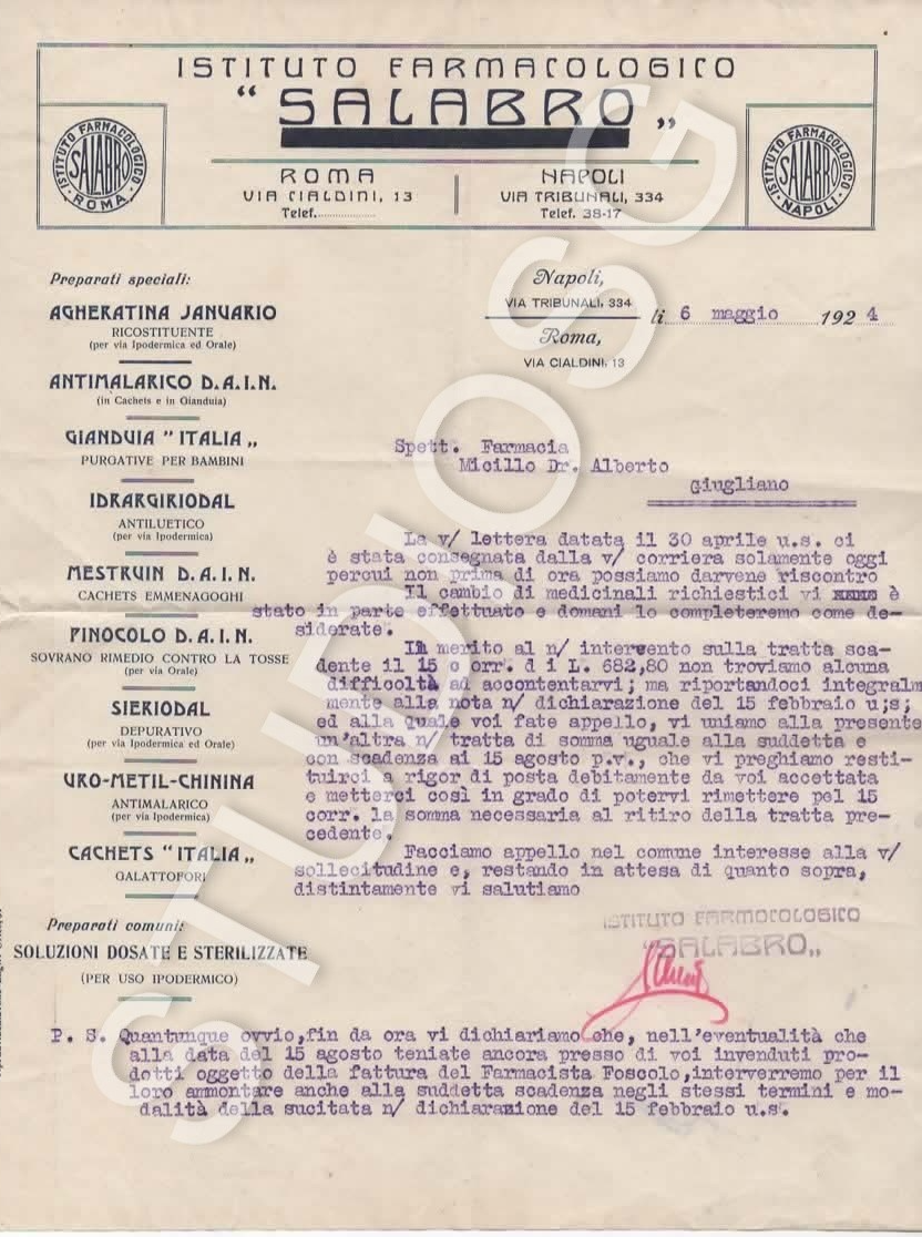 1924 LETTERA PUBBLICITARIA FARMACIA ISTITUTO FARMACOLOGICO SALABRO , ROMA NAPOLI