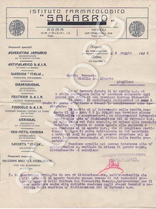 1924 LETTERA PUBBLICITARIA FARMACIA ISTITUTO FARMACOLOGICO SALABRO , ROMA NAPOLI