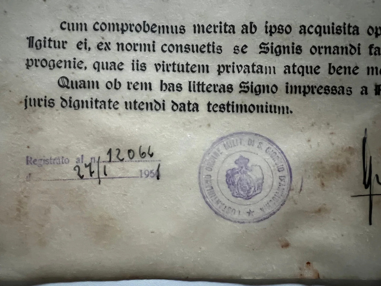Diploma Ordine di San Giorgio d’Antiochia Cavaliere della Stella al Merito 1951