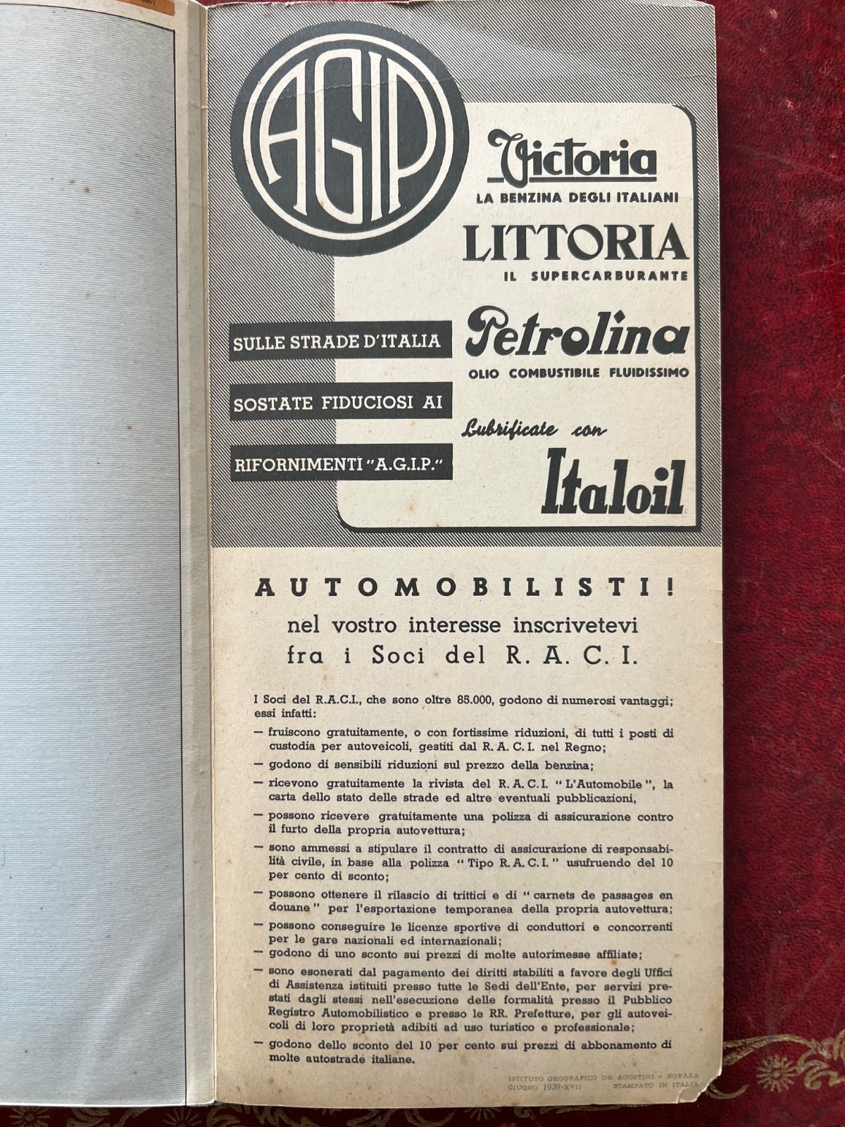 RACI CARTA AUTOMOBILISTICA D'ITALIA FOGLIO 3 CENTRO SUD - 1939 DE AGOSTINI