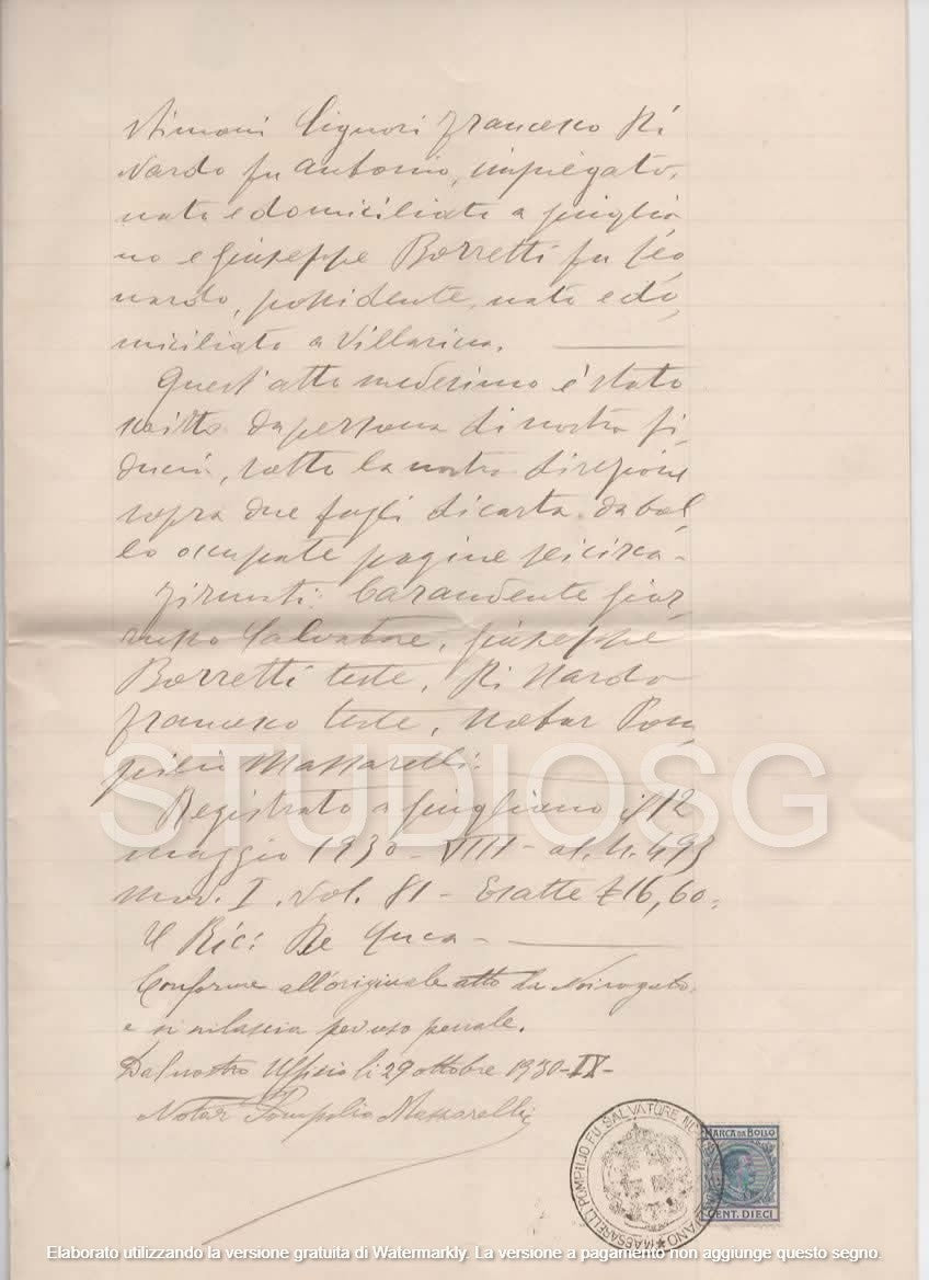 MANOSCRITTO 1930 NOTAR POMPILIO MASSARELLI GIUGLIANO CAMPANIA QUIETANZA 8 PAGINE