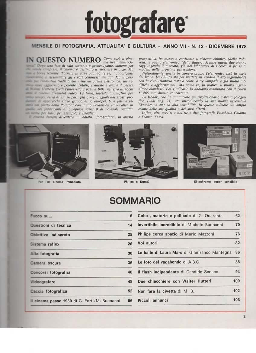RIVISTA FOTOGRAFARE ANNO VII N 12 DICEMBRE 1978 - SISTEMA REFLEX - CAMERA OSCURA