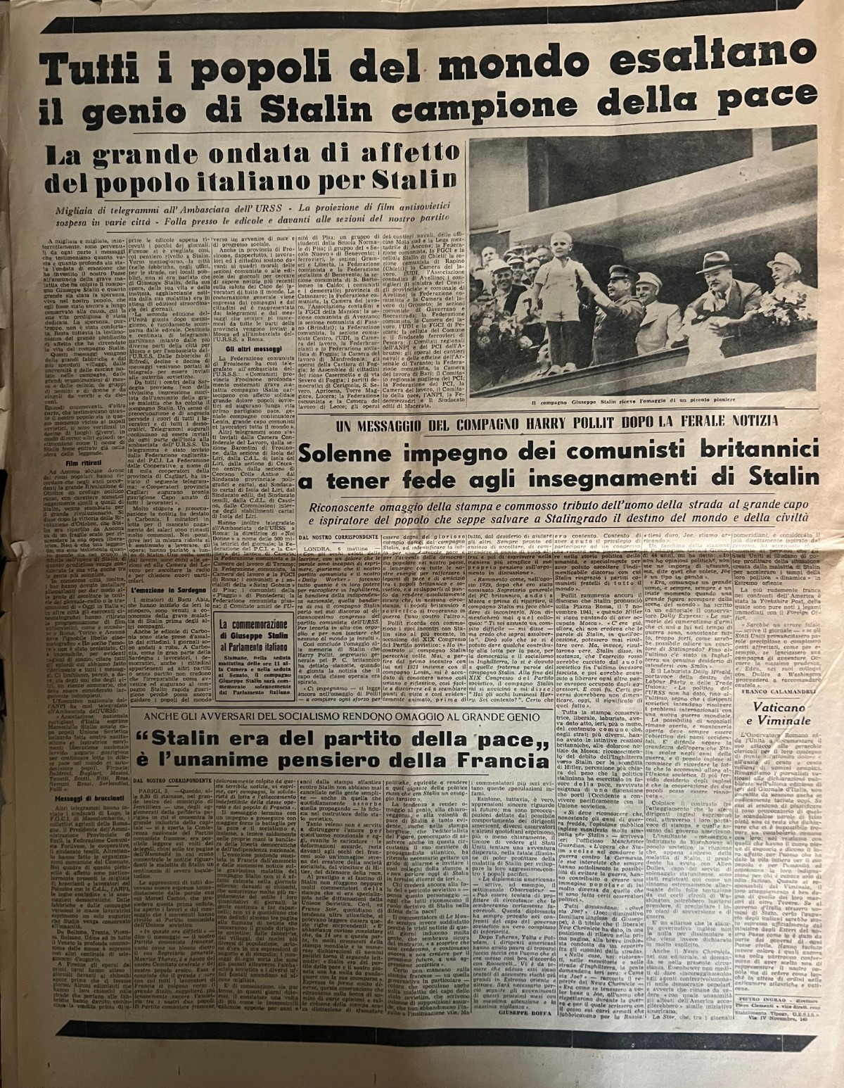 L'UNITA' STALIN E' MORTO VENERDI 6 MARZO 1953 COMPLETO COMUNISMO URSS BOLSCEVISM