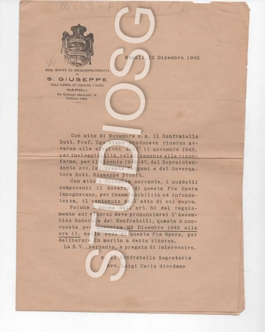 1945 REAL MONTE ED ARCICONFRATERNITA DI S. GIUSEPPE OPERA VESTIRE I NUDI NAPOLI