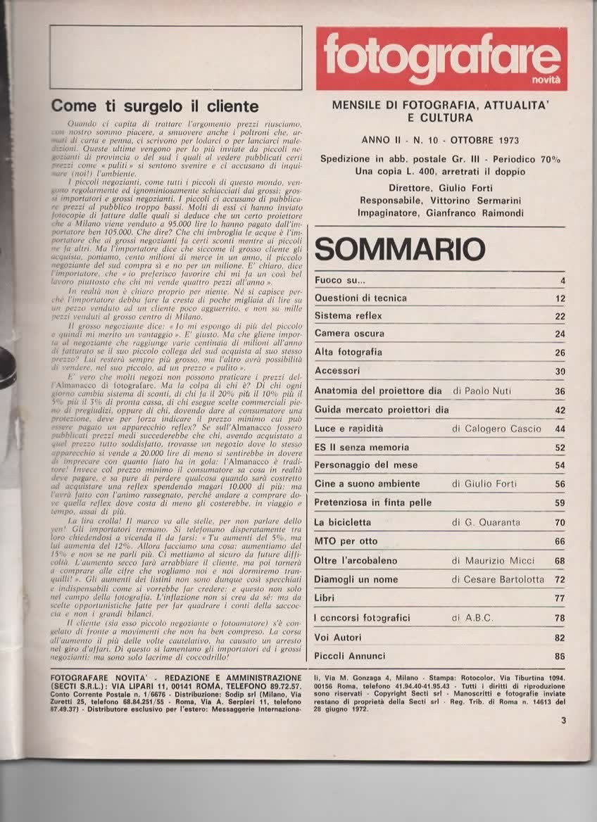 RIVISTA FOTOGRAFARE ANNO II N10 OTTOBRE 1973 - ASAHI ES II - LEICA CL