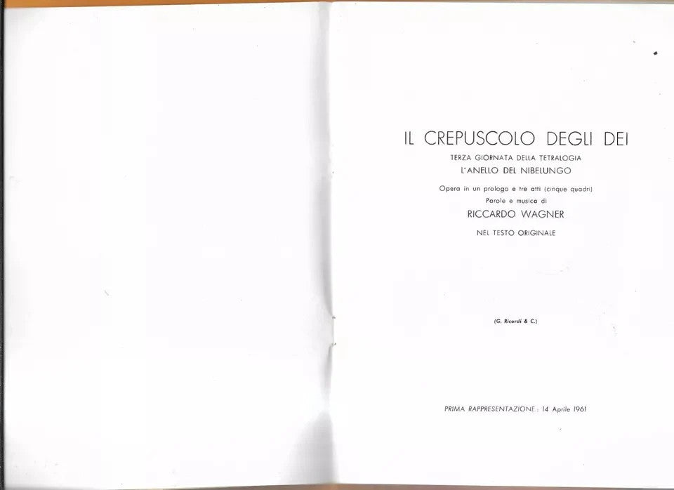 LIBRETTO D'OPERA IL CREPUSCOLO DEGLI DEI WAGNER 1961 TEATRO DI SAN CARLO NAPOLI
