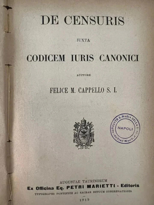 DE CENSURIS IUXTA CODICEM IURIS CANONICI + DE IURE RELIGIOSORUM, MARIETTI 1919