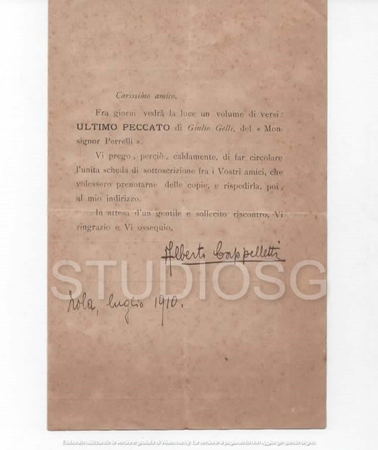 AUTOGRAFO SU LETTERA ALBERTO CAPPELLETTI ( FANO 1889 - 1951) LETTERATO