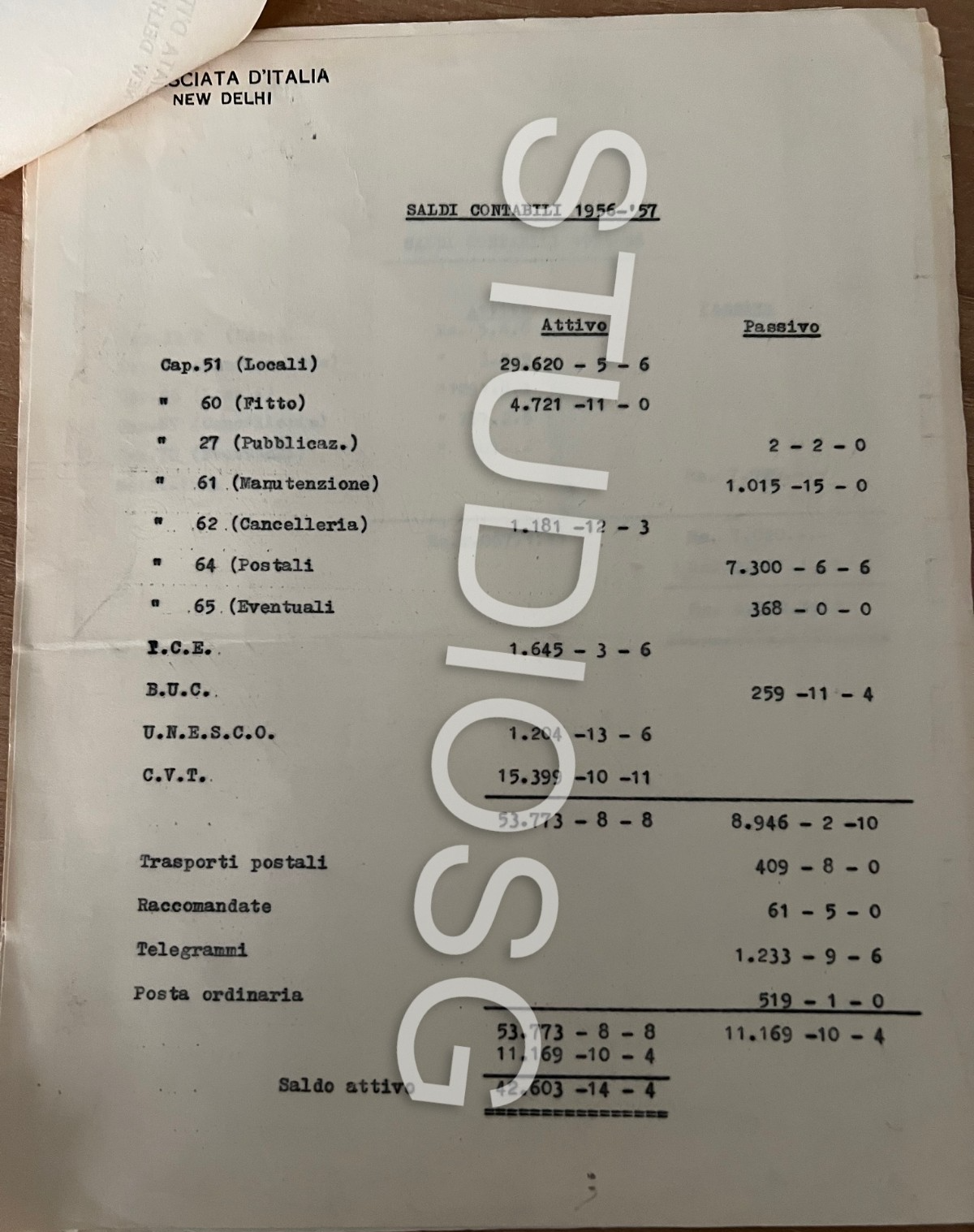 1956 AMBASCIATA D'ITALIA NEW DELHI DOCUMENTO STORICO 7 PAGINE CONTABILITA'