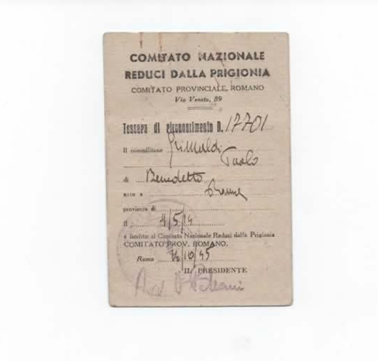 TESSERA COMITATO NAZIONALE REDUCI DALLA PRIGIONIA 1945 ROMA