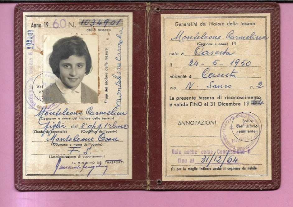 1960 TESSERA DI RICONOSCIMENTO FERROVIE DELLO STATO MINISTERO TRASPORTI BAMBINA