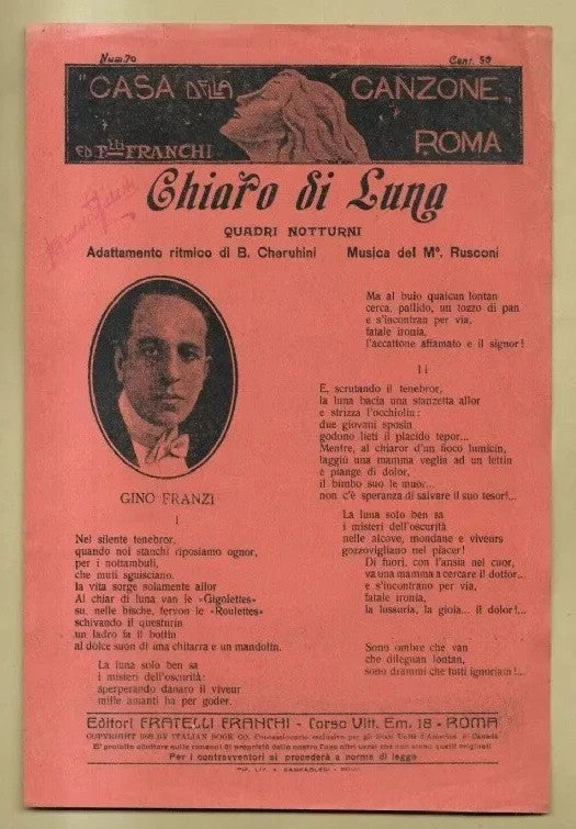 SPARTITO CHIARO DI LUNA CHERUBINI - RUSCONI CASA DELLA CANZONE FRANCHI 1923