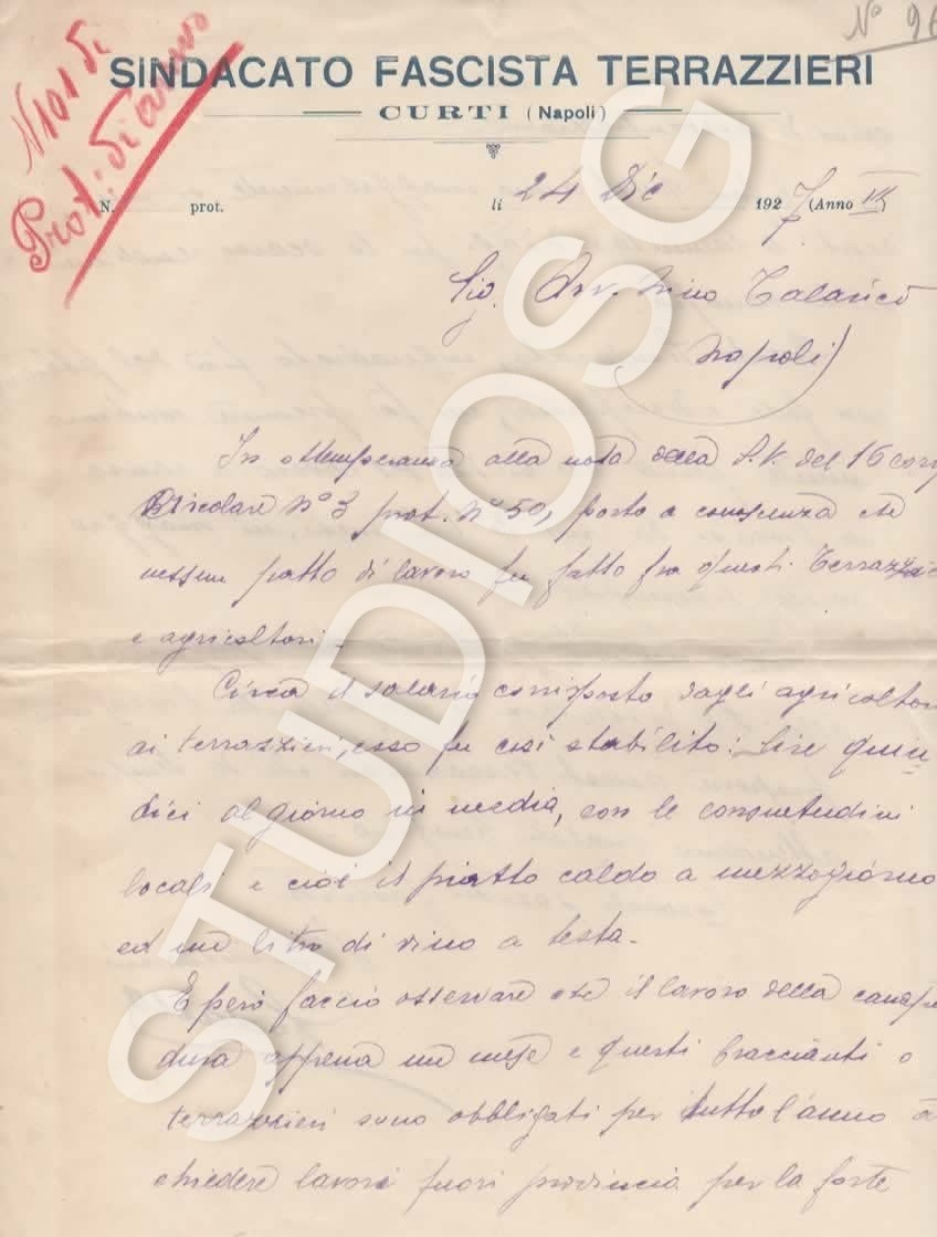 CURTI CASERTA 1927 LETTERA SINDACATO FASCISTA LAVORATORI TERRAZZIERI