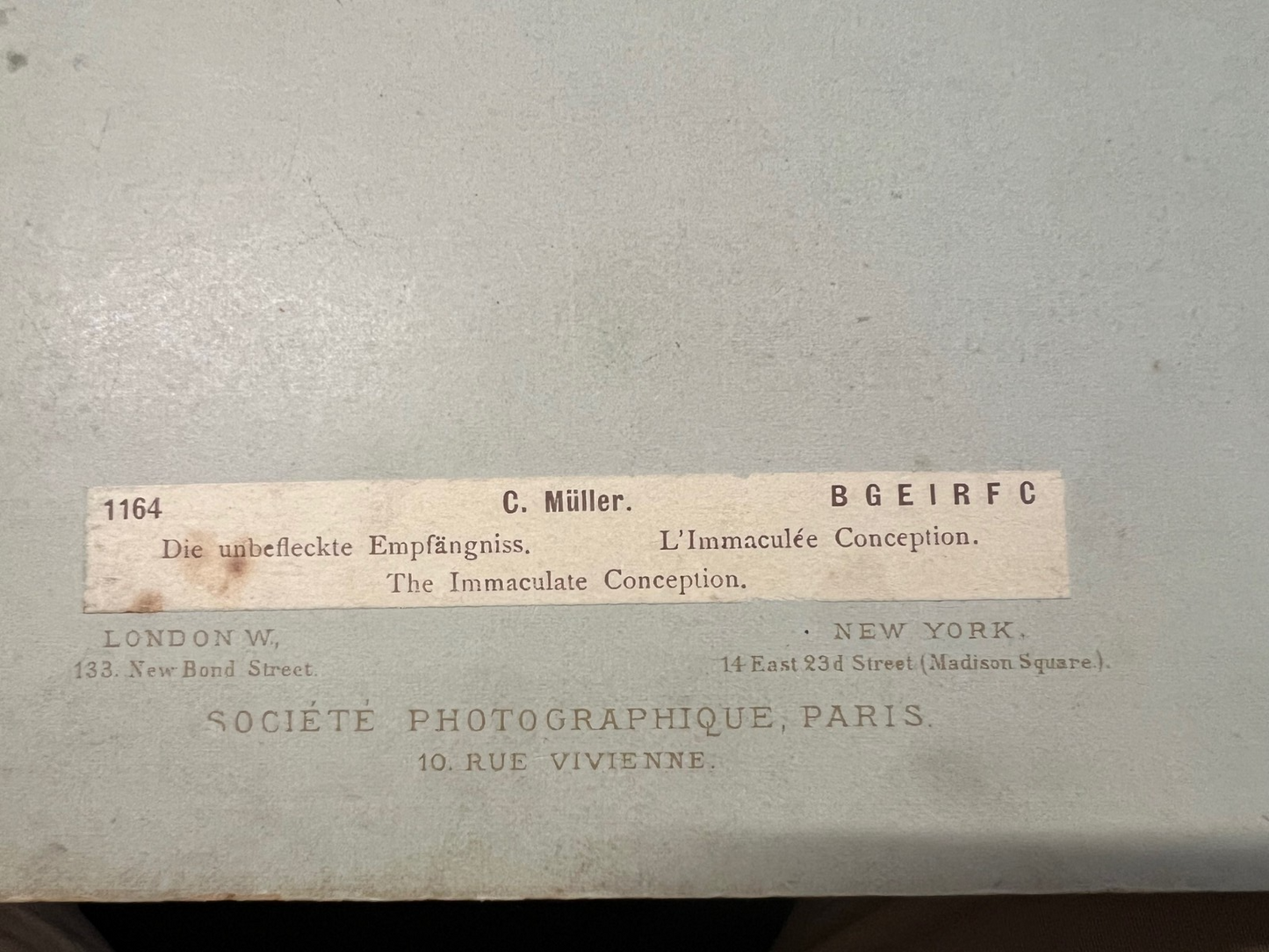 Photograph. Gesellschaft Berlin 1897 C. Muller L'Immacolata Concezione albumina