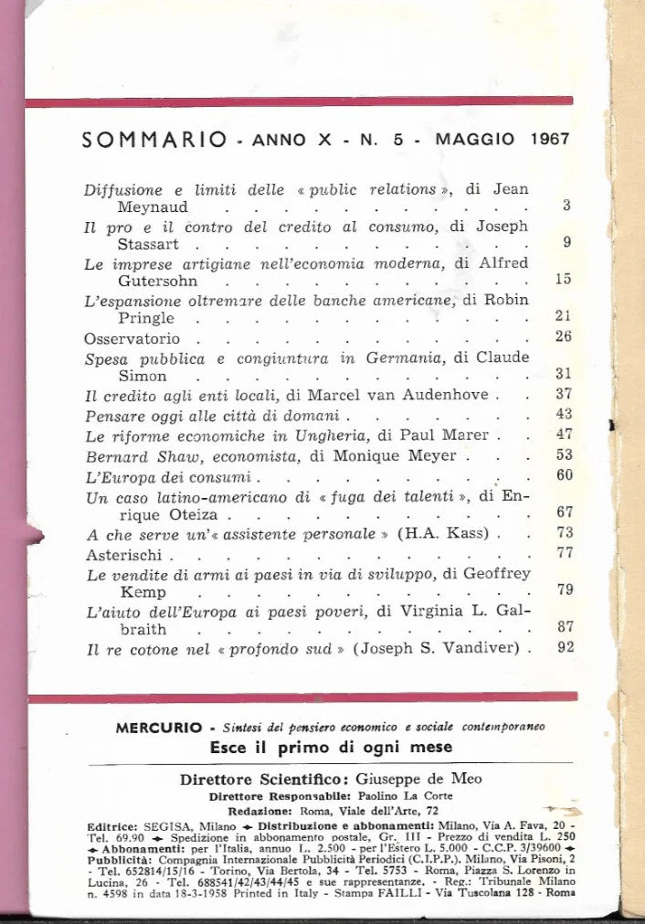 RIVISTA MERCURIO N. 5 1967 SINTESI DEL PENSIERO ECONOMICO E SOCIALE CONTEMPORANE