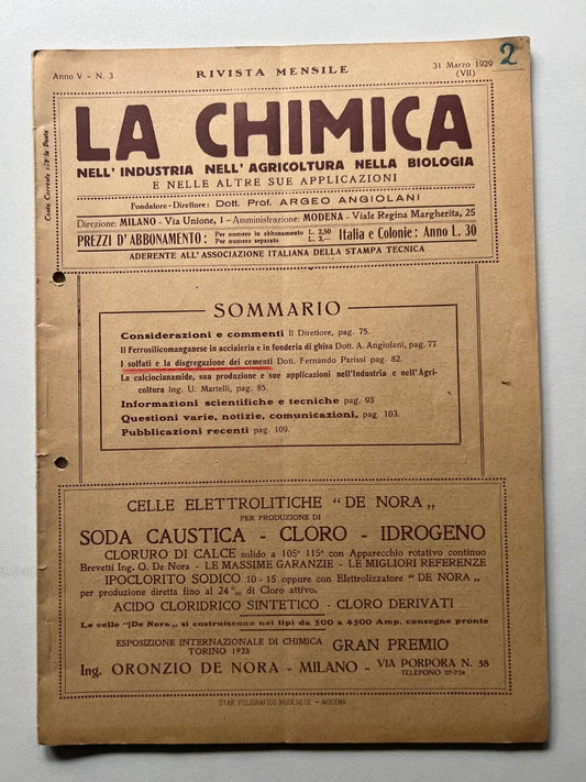 RIVISTA LA CHIMICA NELL'INDUSTRIA NELL' AGRICOLTURA NELLA BIOLOGIA 1929 N. 3