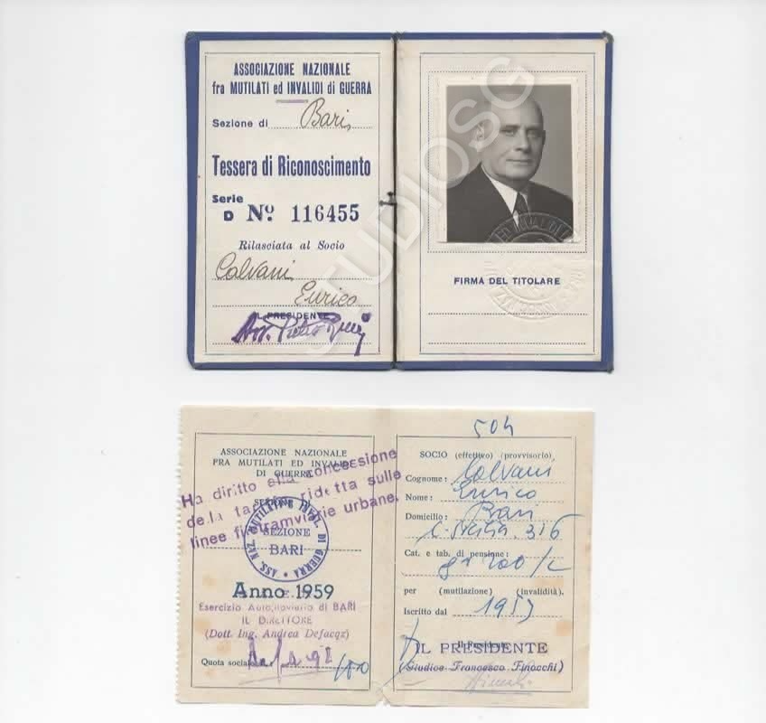 TESSERA ASSOCIAZIONE NAZIONALE MUTILATI INVALIDI DI GUERRA 1959 BARI