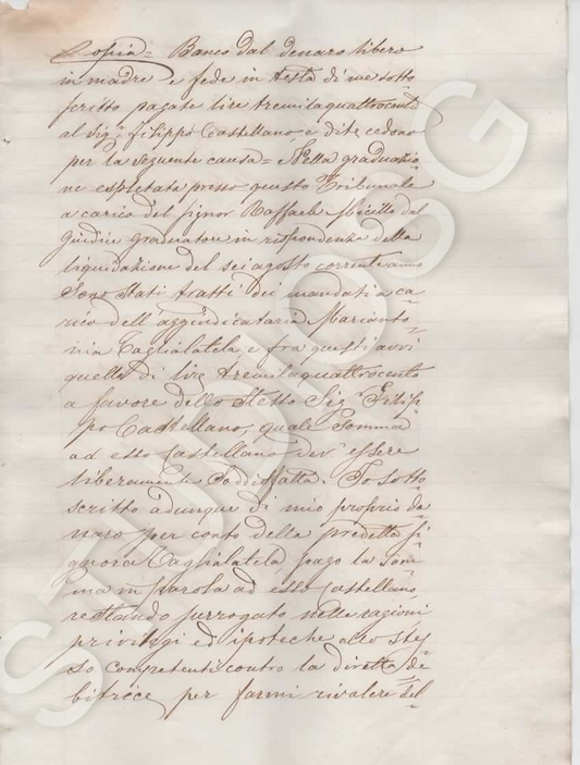 1880 NAPOLI BANCO DEL DENARO LIBERO IN MADRE E FEDE ORO E ARGENTO MANOSCRITTO