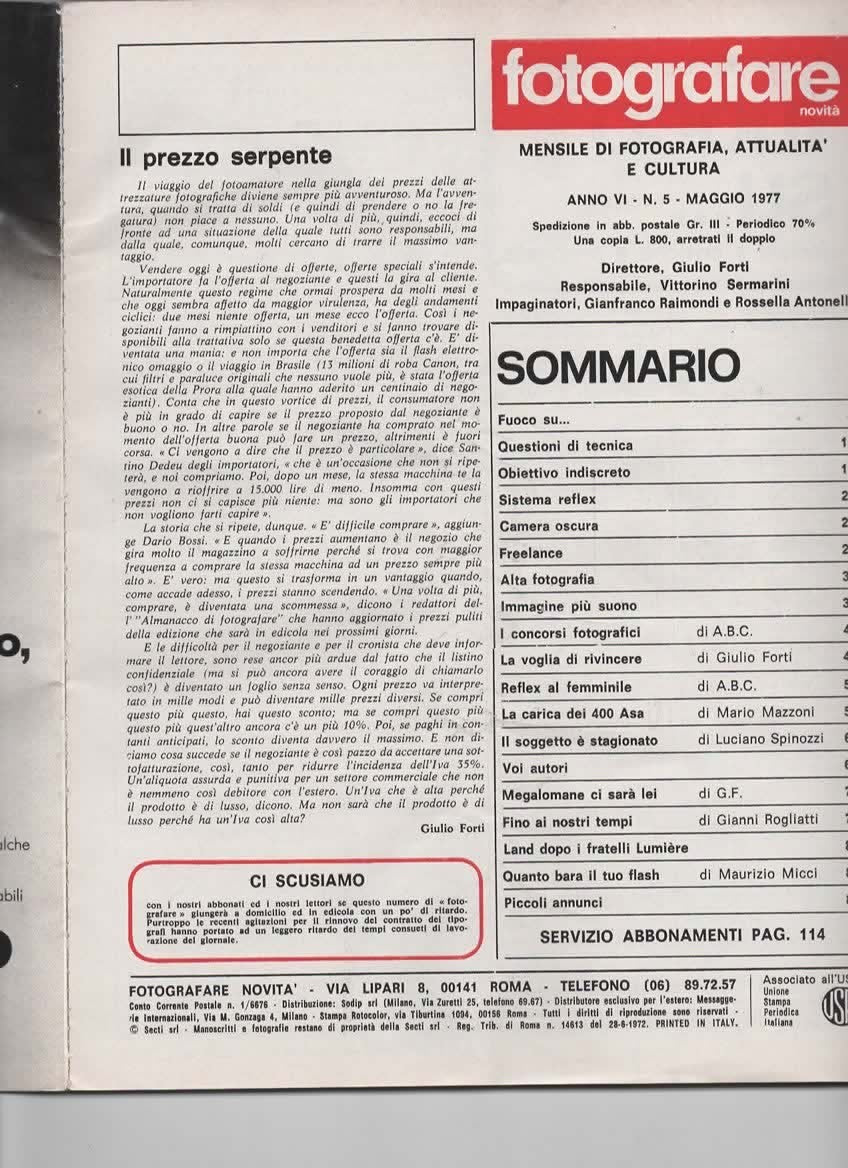 RIVISTA FOTOGRAFARE ANNO VI N 5 MAGGIO 1977 - STORIA DELLE FOTOCAMERE PIU' IMPOR