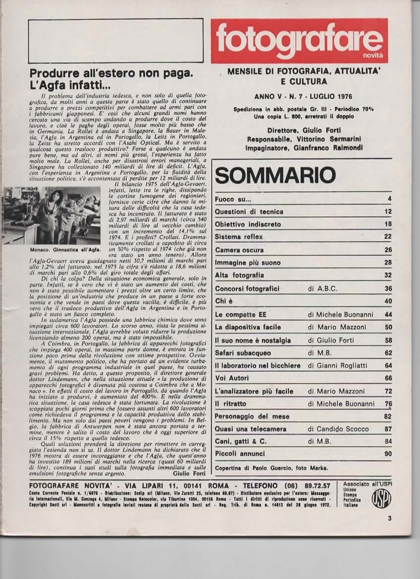 RIVISTA FOTOGRAFARE ANNO V N 7 LUGLIO 1976 - LEICA - SAFARI SUBACQUEO
