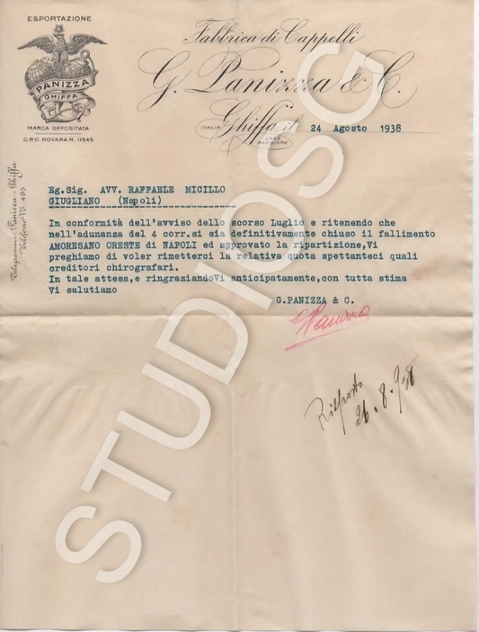 1938 LETTERA  FABBRICA DI CAPPELLI G. PANIZZA , GHIFFA LAGO MAGGIORE PUBBLICITAR
