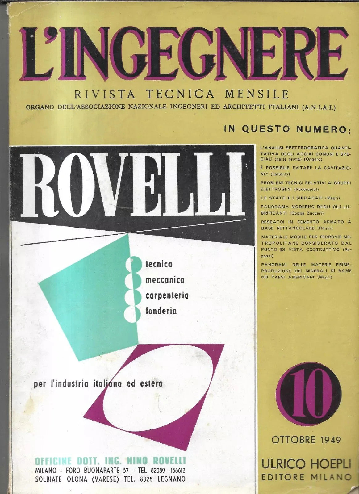 L’ingegnere Rivista tecnica mensile Ottobre 1949, Hoepli