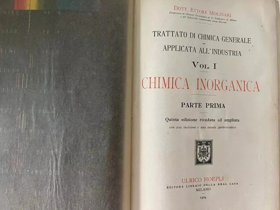 ETTORE MOLINARI CHIMICA INORGANICA PARTE I HOEPLI 1924 QUINTA EDIZIONE AMPLIATA